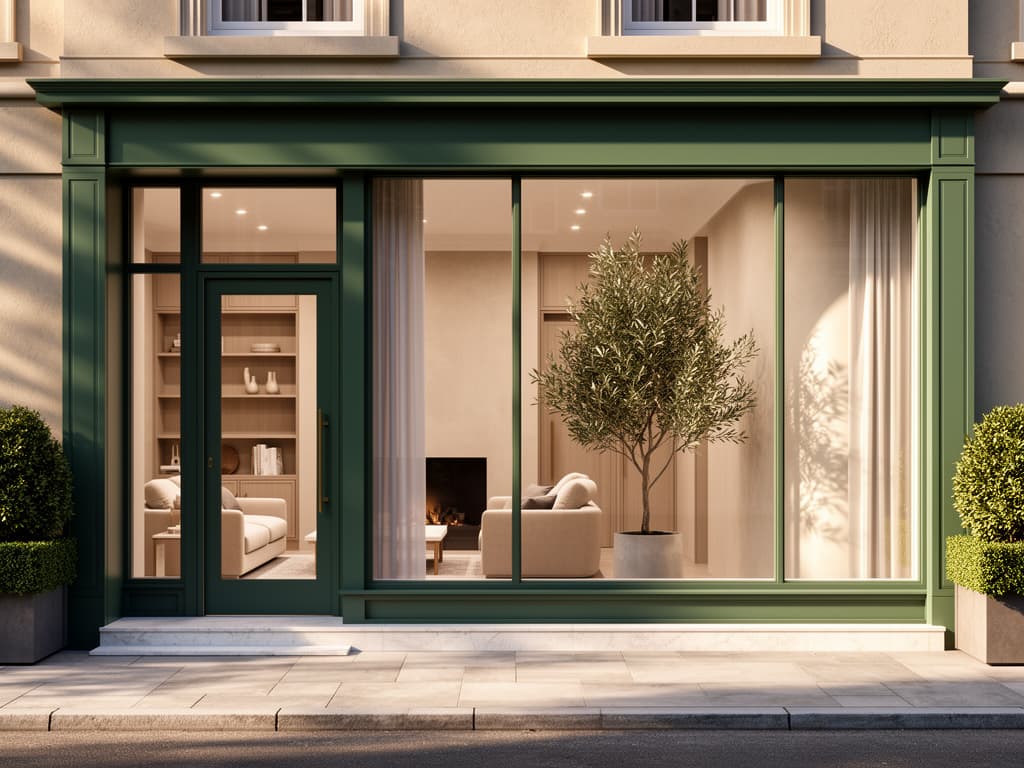 Refined residential facade with deep green joinery and a sunlit living room