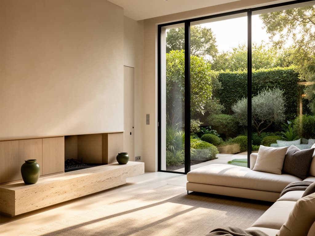Sunlit contemporary living room opening onto a landscaped garden