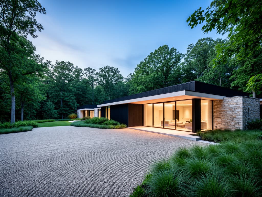 Modern single-story residence framed by mature trees at dusk