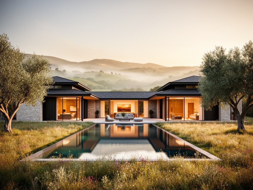 Contemporary estate with a reflecting pool and open countryside beyond