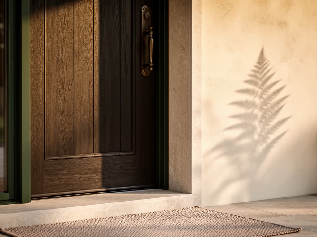 Natural oak entry door with bronze hardware and limestone threshold