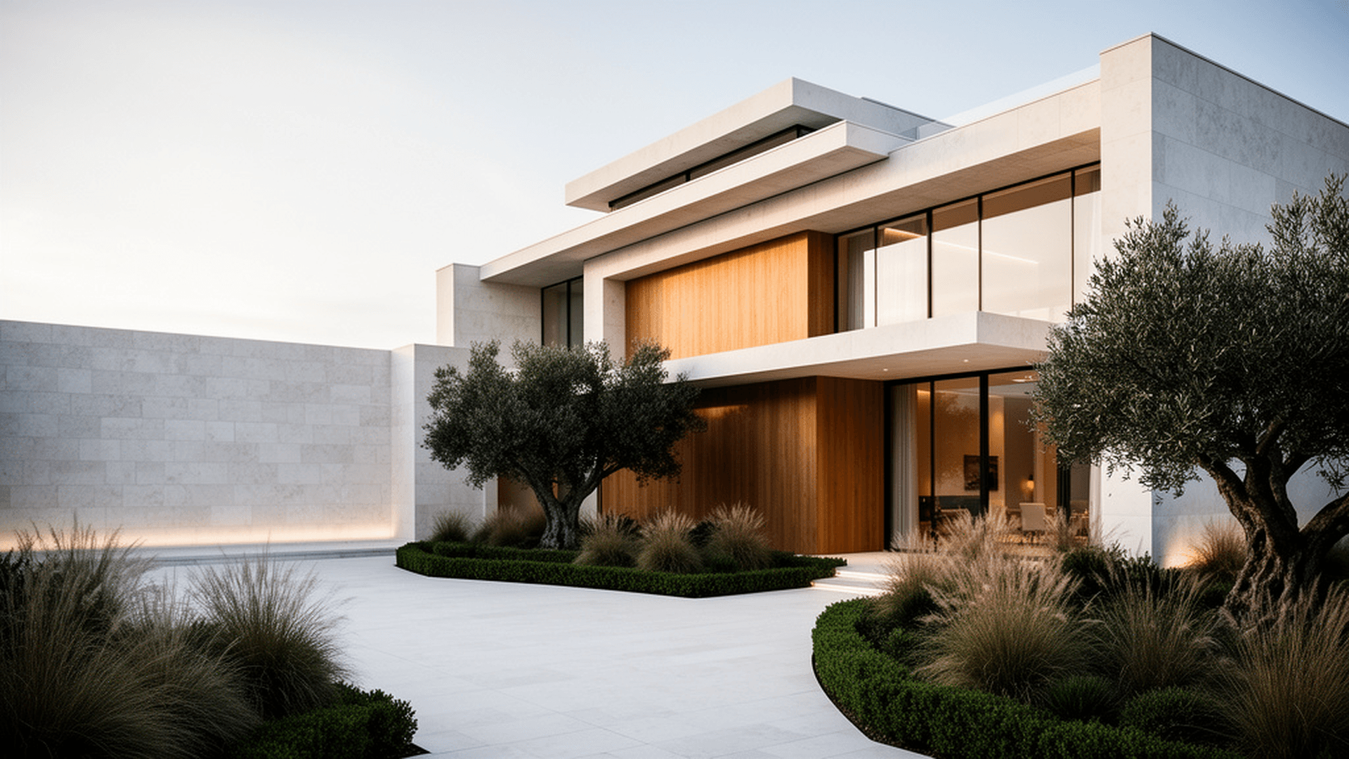 Modern single-story residence framed by mature trees at dusk