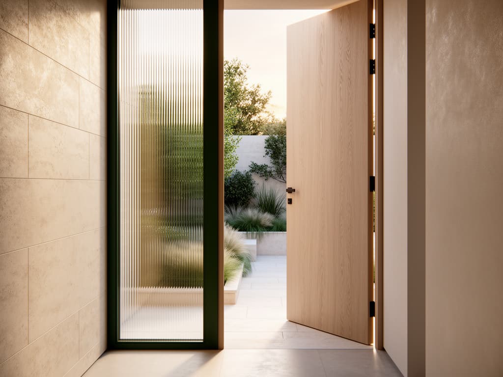 Light-filled stone entryway opening to a landscaped private garden